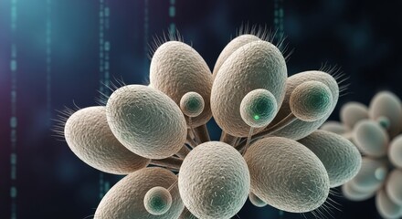 Detailed Microscopic View of Budding Yeast Cells Forming Colonies in a Laboratory Setting