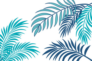 A stylized arrangement of palm fronds dominates a white background. Three clusters of fronds, colored in varying shades of teal and navy blue, are positioned around the frame's edges. The fronds overl