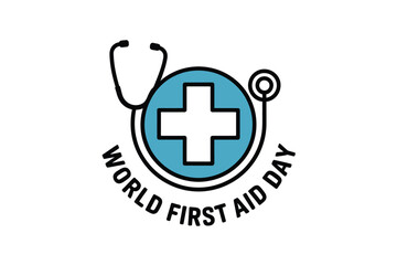 Obraz premium A world first aid day logo featuring a stethoscope and a blue cross on a white background design