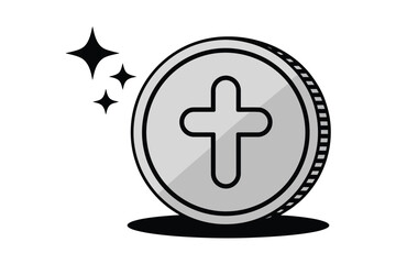 Obraz premium A shiny coin with a cross on it and sparkles floating near it on a white background illustration