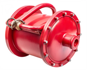 Red Industrial Fire Hose Nozzle with Metal Fittings and Handles fire fighting safety equipment isolated on a transparent background