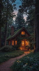 Cozy wooden cottage in a tranquil forest setting