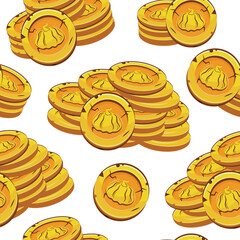 seamless pattern with vector yellow coins presented individually and in stacks of different sizes with autumn design of round pumpkin, for mobile games, virtual currency or casino