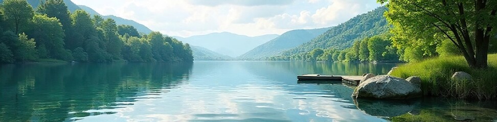 Obraz premium Serene lakeside view, perfect for a relaxing afternoon Enjoy the calm water and peaceful nature Ideal for a summer getaway or a quiet weekend retreat , summer, peace