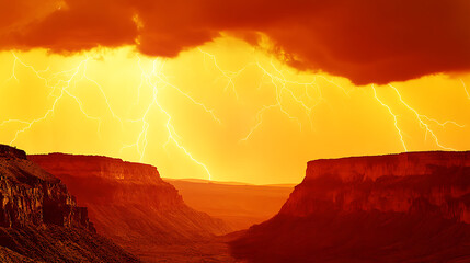 Dramatic Lightning Strikes Over a Canyon at Sunset