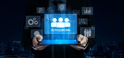 Outsourcing concept showing collaboration, delegation, global workforce, productivity, and task management through remote teams and external service providers Vouch