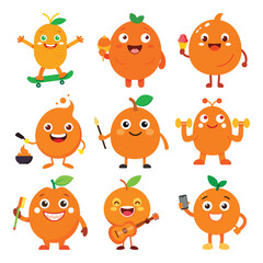Collection of Happy Orange Cartoon Characters Engaging in Various Activities and Poses