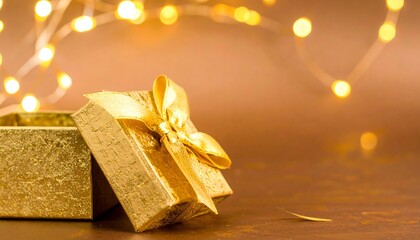 Open gold gift box with a golden ribbon bow, against a warm bokeh background of fairy lights