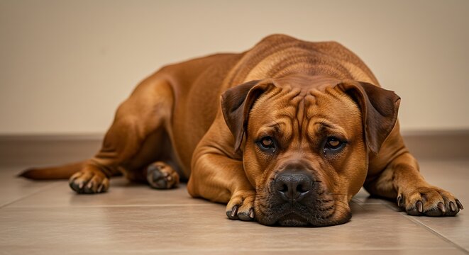 Large brown dog resting on wooden floor looking at camera.