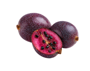 Two vibrant purple-pink fruits, one whole, one halved, showcasing a deep red interior with tiny black seeds.  A rich, smooth skin texture is apparent