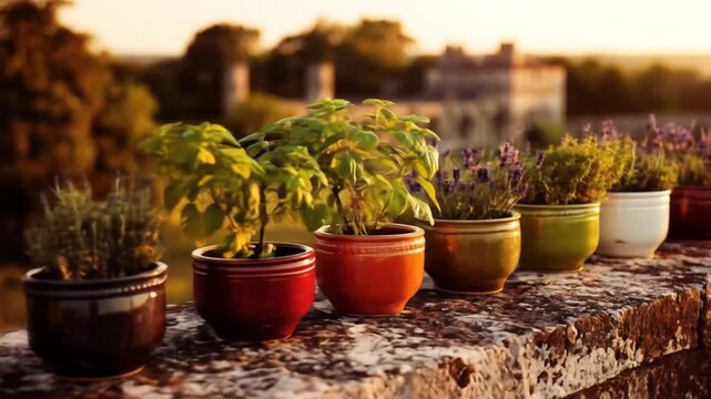 Colorful ceramic planters with herbs line a stone wall at sunset, showcasing a tranquil garden scene.