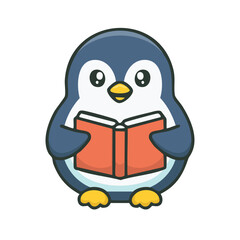 A cute cartoon penguin is absorbed in reading a book. The penguin is in a charming cartoon style. The scene depicts a cozy reading experience
