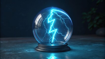 Glowing neon thunderbolt inside a glass orb creates an electrifying atmosphere in a darkened room