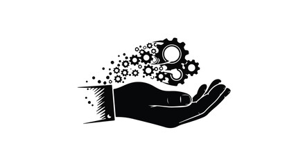 Hand holding abstract gears and particles, representing creation and innovation.