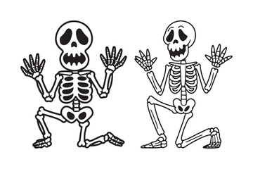 Two cartoon skeletons with raised hands in a playful pose