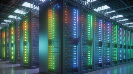 A row of server racks with colorful led lights illuminating the data center, representing technology and digital infrastructure