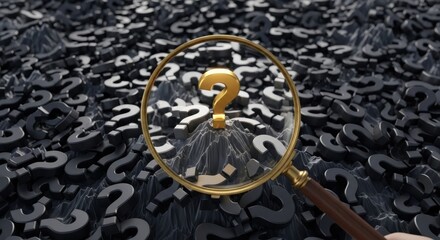 Magnifying Glass Focuses on Golden Question Mark Amidst Many Dark Question Marks