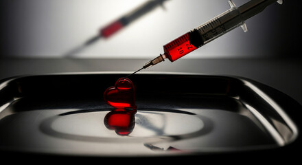 Heart Disease Treatment Concept: Syringe Injecting Red Liquid into Heart
