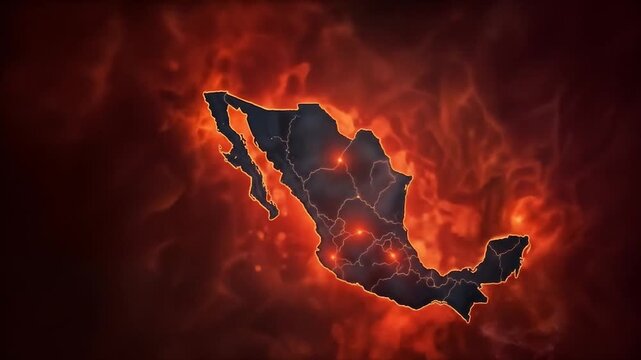 Mexico map silhouette engulfed in dramatic red flames and smoke representing national crisis tension conflict and urgent alarm situation. Danger of a war attack