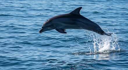 Fototapeta premium Dolphin jumping out of the blue ocean water.