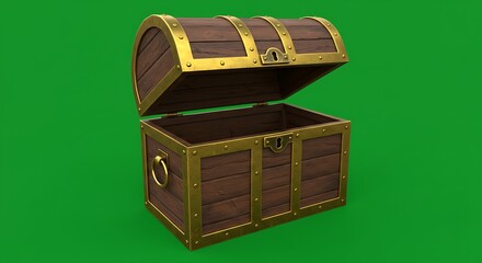 Open Wooden Treasure Chest Isolated on Green Screen Background.