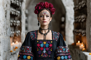 Fototapeta premium Woman in traditional Mexican embroidered dress with Day of the Dead face paint and red floral crown, standing in candlelit stone corridor adorned with skulls, honoring Día de los Muertos.
