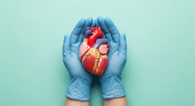 Hands carefully holding a realistic anatomical heart model for medical awareness