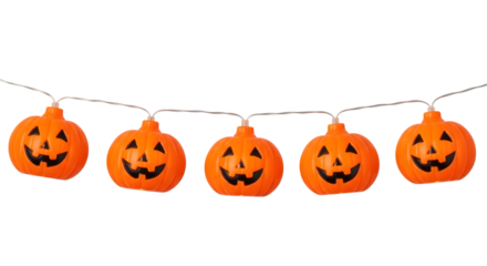 A string of small, glowing halloween pumpkin lights, isolated on transparent background