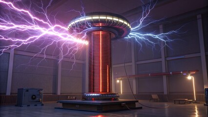 Vibrant electric arcs dance around a plasma coil in a futuristic laboratory environment with captivating energy dynamics