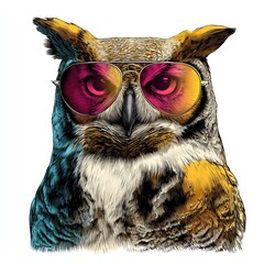 A detailed illustration of an owl wearing trendy sunglasses, showcasing bold colors and a stylized design.