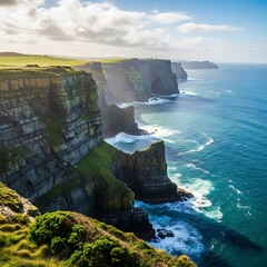 Dramatic cliffs plunging into a vibrant ocean under a bright, sunny sky, showcasing the powerful beauty of nature's landscape.