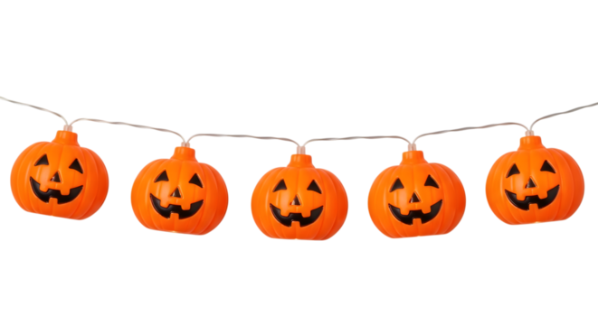 A string of small, glowing halloween pumpkin lights, isolated on transparent background