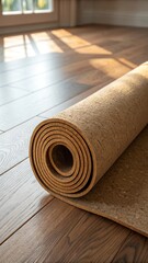 Natural light illuminates a rolled cork yoga mat resting on polished wooden flooring, inviting a moment of tranquility and mindfulness