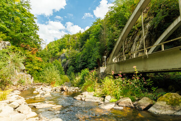 A scenic landscape of a river flowing through a rocky, forested gorge with a metal railraod bridge spanning overhead, natural scene with lush green foliage and blue sky