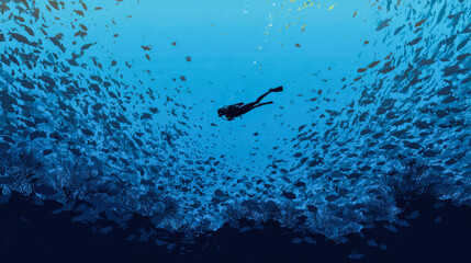Scuba diver exploring underwater surrounded by a large school of fish