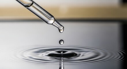 Close-up of a scientific dropper releasing a clear liquid into water causing ripples on the surface