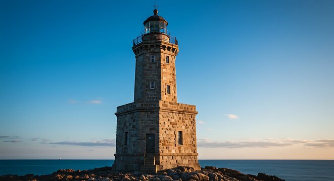 Majestic Lighthouse on Rocky Coastline Under Clear Blue Sky.
