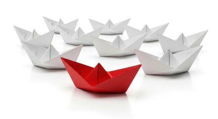 Leading the Way With a Bright Red Paper Boat Among Many White Ones