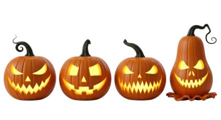 Four glowing jackolanterns with carved spooky faces and illuminated interiors, isolated on transparent background