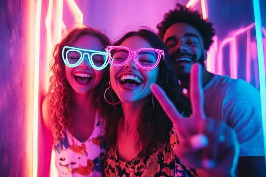 Group of friends enjoying neon lights and laughter - Powered by Adobe