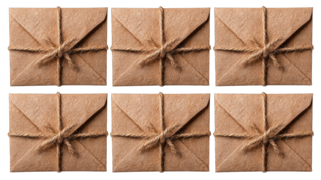 Nine kraft paper envelopes, tied with twine
