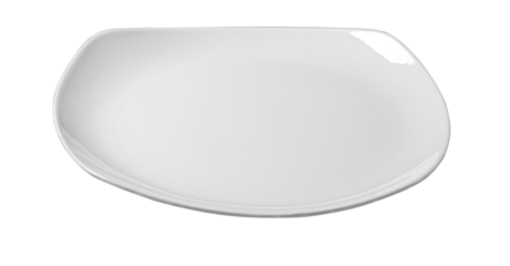Empty white square plate with rounded corners on transparent background