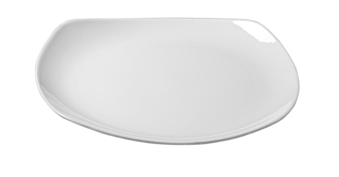 Empty white square plate with rounded corners on transparent background