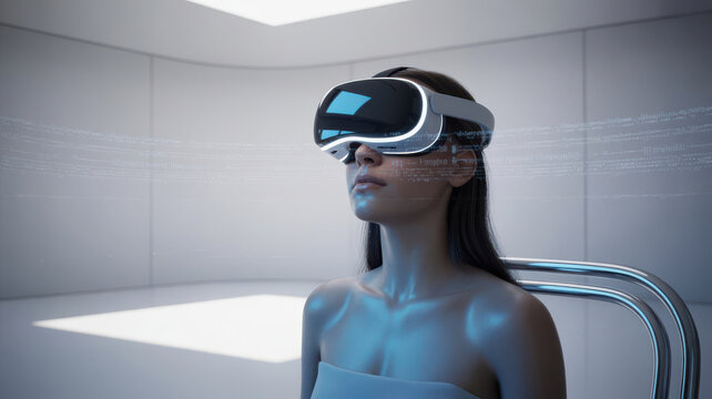 Young woman wearing a futuristic virtual reality headset in a minimalist white room, experiencing immersive digital technology and augmented reality
