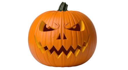A single carved halloween pumpkin with a scary glowing face, isolated on transparent background