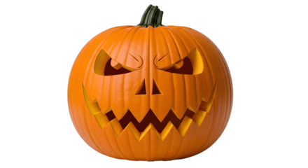 A single carved halloween pumpkin with a scary glowing face, isolated on transparent background