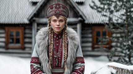 Portrait of woman in traditional Eastern European winter attire with braided hair and fur cloak, standing in snow-covered village setting, cultural folklore fashion during winter season.