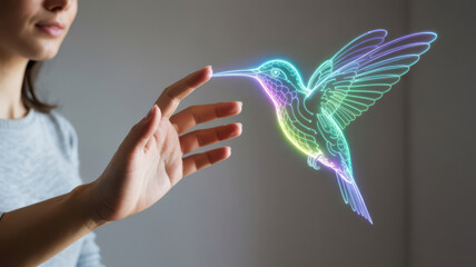 A persons hand reaching out to a glowing, holographic hummingbird made of colorful digital light, symbolizing interaction with virtual or augmented reality