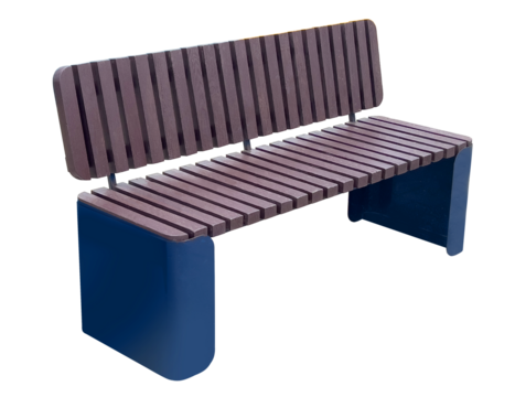 Modern wooden bench with blue supports on transparent background