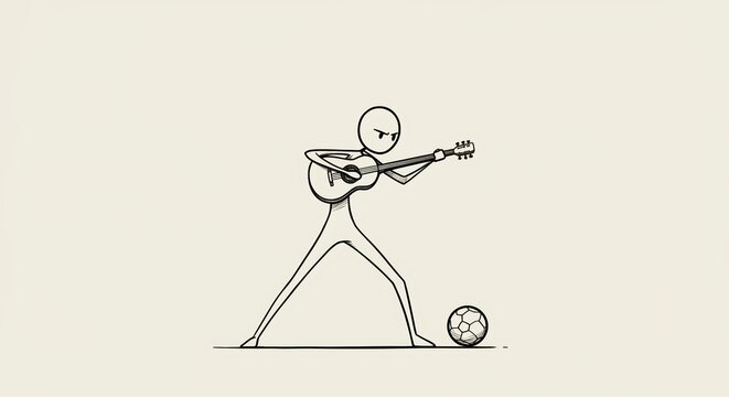 Stick Figure Ready to Kick Soccer Ball with Guitar in Hand, Cartoon Style